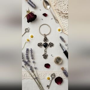 Silver Tone Cross Heart Charm Keychain Bag Charm